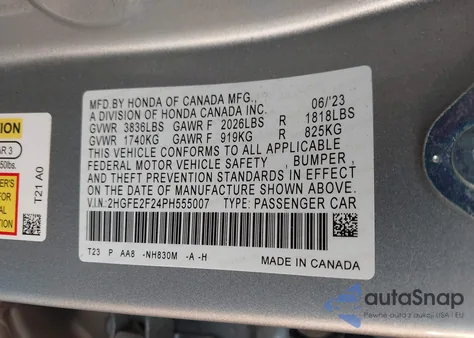 2023 Honda Civic Lx from USA, damaged, VIN 2HGFE2F24PH555007